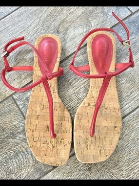 Schultz Elsha Red Cork T-Strap Thong Women's Sandals Sz 6.5